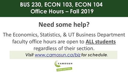 ECON 103, 104 & BUS 230 Tutoring - Fall 2019